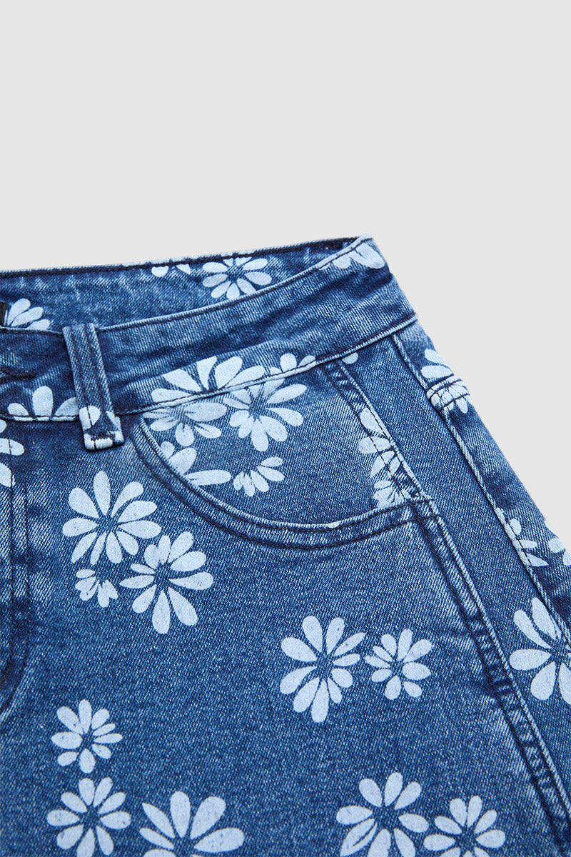 Floral Pattern Mid Waist Barrel Leg Crop Jeans Without Belt