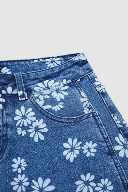 Floral Pattern Mid Waist Barrel Leg Crop Jeans Without Belt