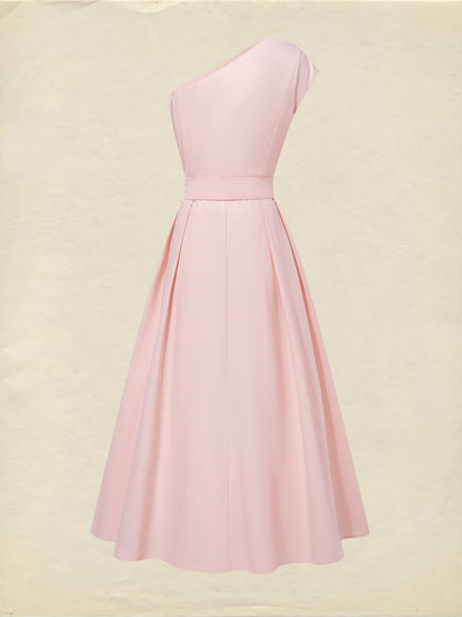 Robe longue en coton, sans manches, asymétrique (une épaule), unie, ceinture décorative, vintage, rose clair