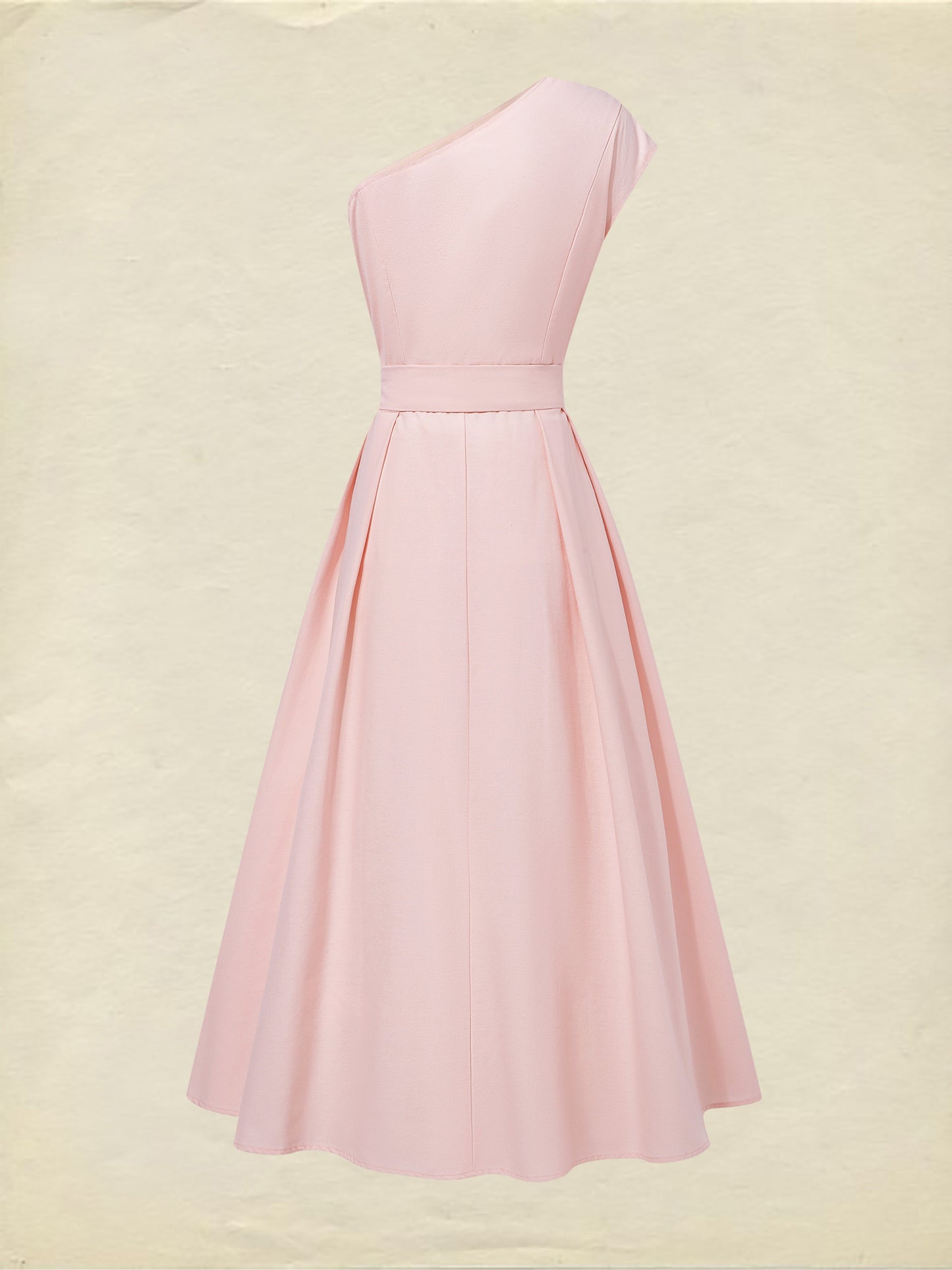 Robe longue en coton, sans manches, asymétrique (une épaule), unie, ceinture décorative, vintage, rose clair