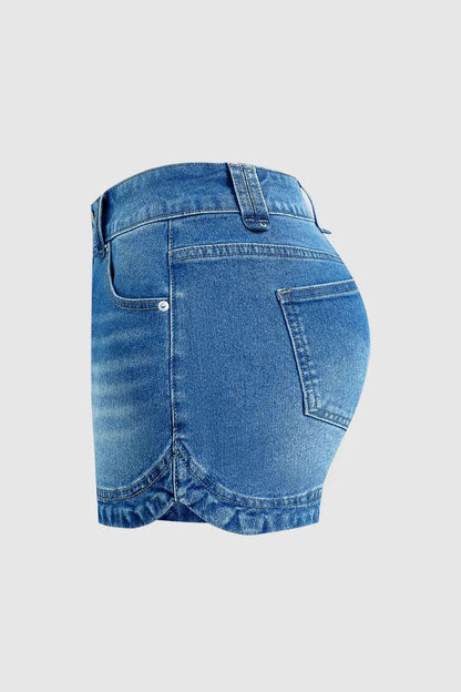 Wash Split Studded Mid Waist Denim Shorts