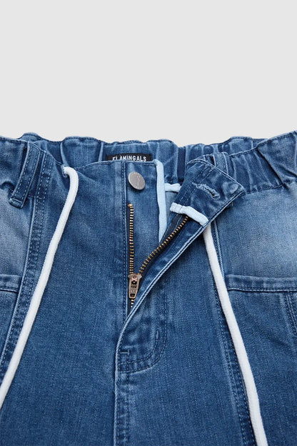 Pleated Drawstring High Waist Barrel Leg Capri Jeans