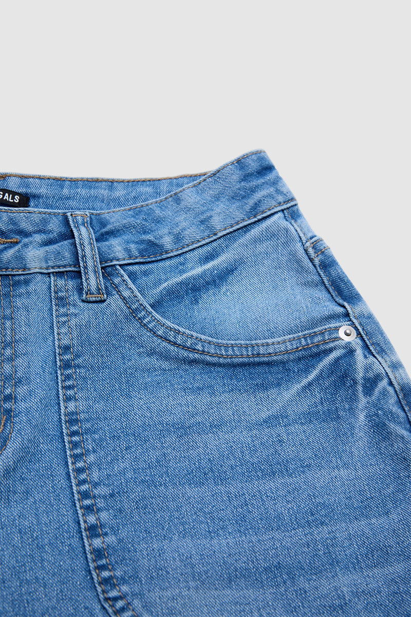 Ripped Seam Front Roll Hem Mid Rise Denim Bermuda Shorts Without Belt