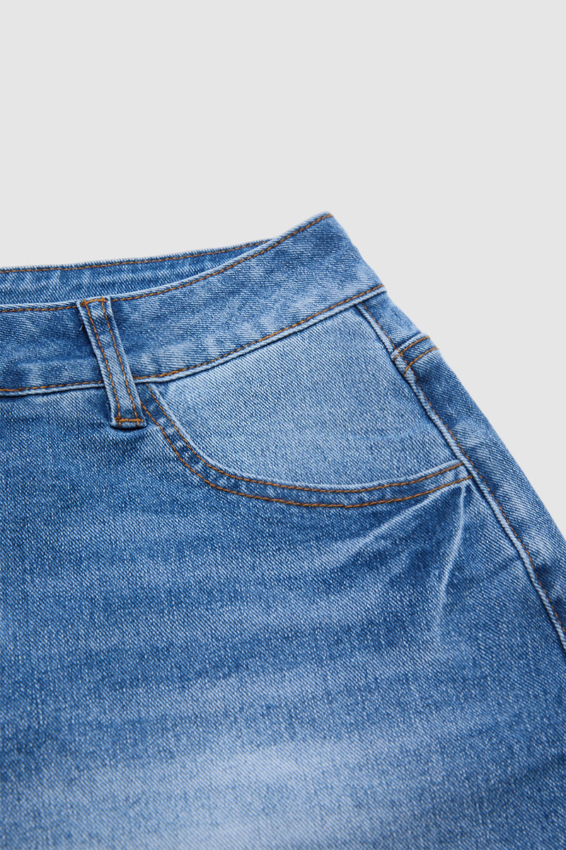 Wash Raw Hem Mid Waist Denim Mid Thigh Shorts Without Belt