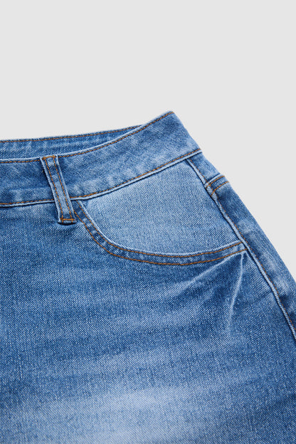 Wash Raw Hem Mid Waist Denim Mid Thigh Shorts Without Belt