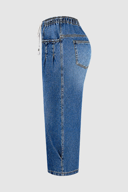 Pleated Drawstring High Waist Barrel Leg Capri Jeans