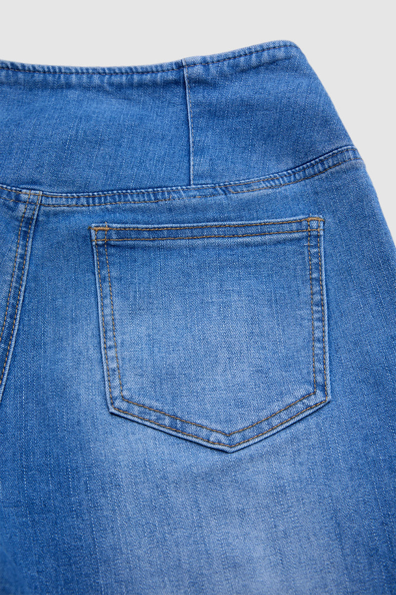 Plant Embroidery Raw Hem Asymmetrical Split Mid Waist Flare Jeans