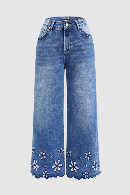 Floral Embroidery Scallop Trim Mid Rise Wide Leg Crop Jeans