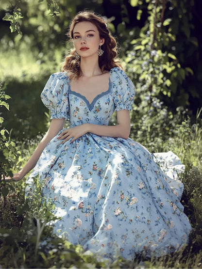 Robe longue en lin, manches bouffantes, col rond, fleuri, mélange de lin, bleue