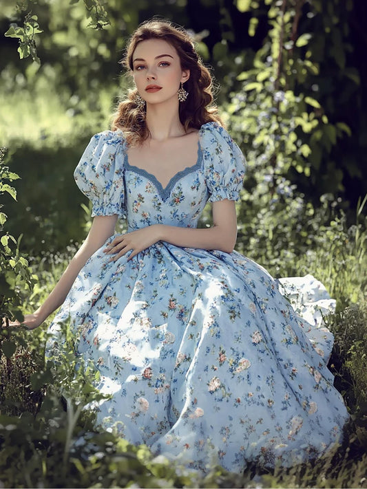 Robe longue en lin, manches bouffantes, col rond, fleuri, mélange de lin, bleue