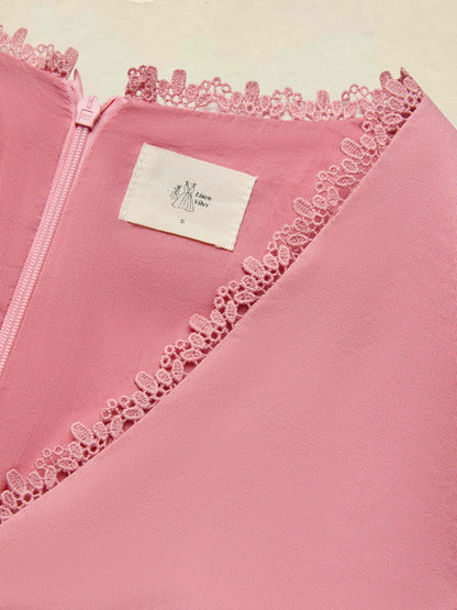 Robe midi en coton, demi-manches, col en V, unie, ceinture, style vintage, rose foncé