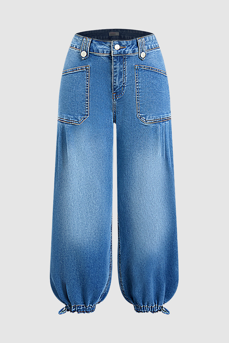 Wash Drawstring Hem Mid Rise Cropped Wide Leg Jeans