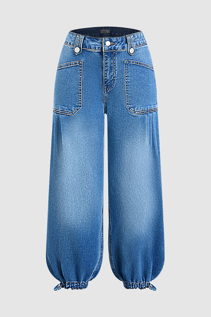 Wash Drawstring Hem Mid Rise Cropped Wide Leg Jeans