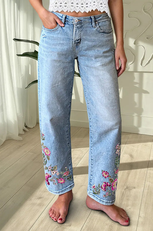 Wash Floral Embroidery Mid Rise Straight Leg Jeans