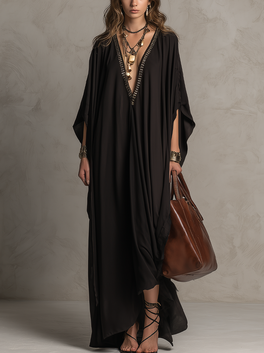 Robe longue noire bohème à col en V et sequins