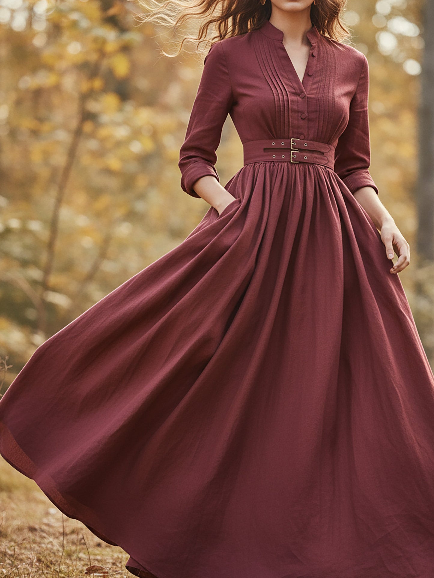 Robe longue en lin, manches longues, col montant, unie, boutonnée, vintage, rouge