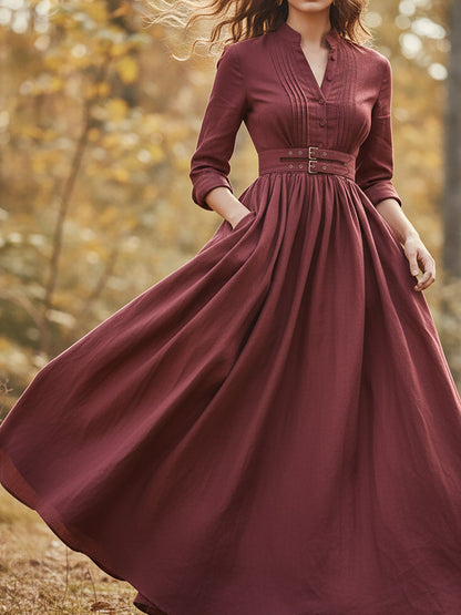 Robe longue en lin, manches longues, col montant, unie, boutonnée, vintage, rouge