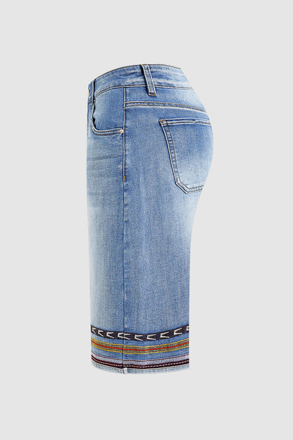 Embroidery Mid Waist Denim Bermuda Shorts Without Belt