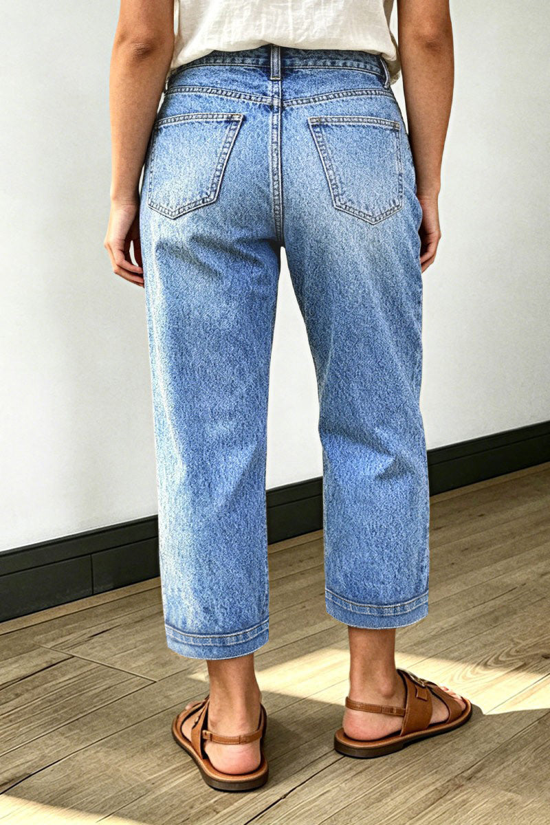 Wash Stitch Detail Mid Waist Tapered Crop Jeans