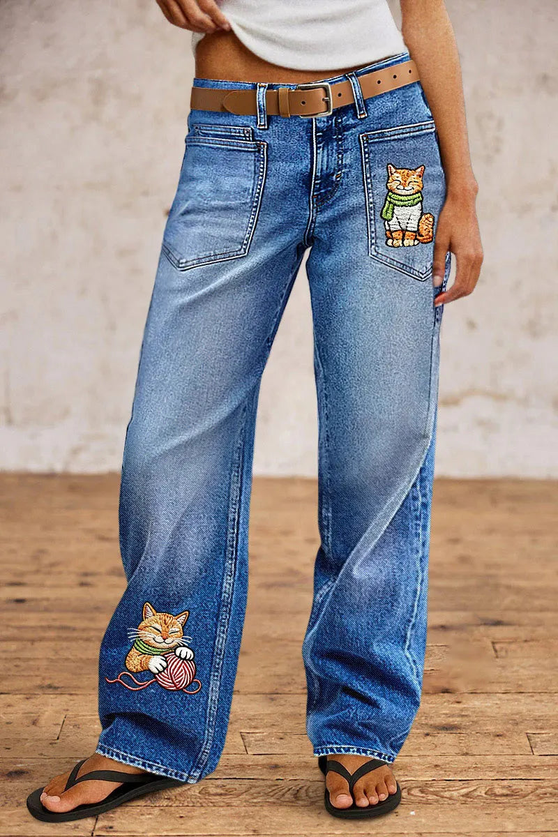 Wash Embroidery Mid Waist Straight Leg Jeans Without Belt