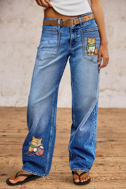 Wash Embroidery Mid Waist Straight Leg Jeans Without Belt