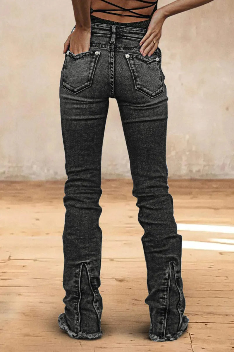 Wash Raw Hem V Cut Pocket Mid Rise Bootcut Jeans