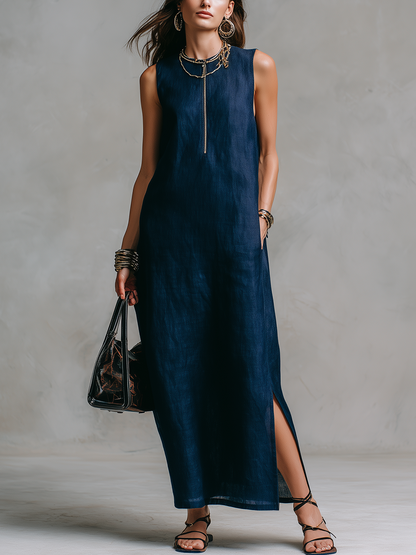Robe longue décontractée en lin bleu nuit avec fermeture éclair