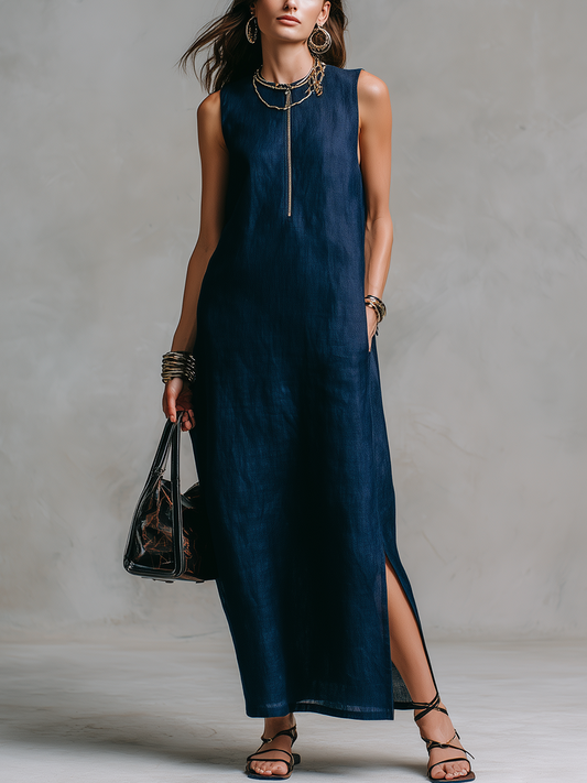 Robe longue décontractée en lin bleu nuit avec fermeture éclair