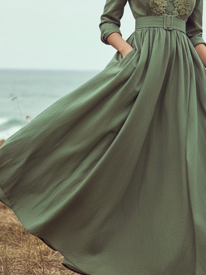 Robe longue en lin, manches longues, col châle, unie, dentelle, vacances, vintage, verte