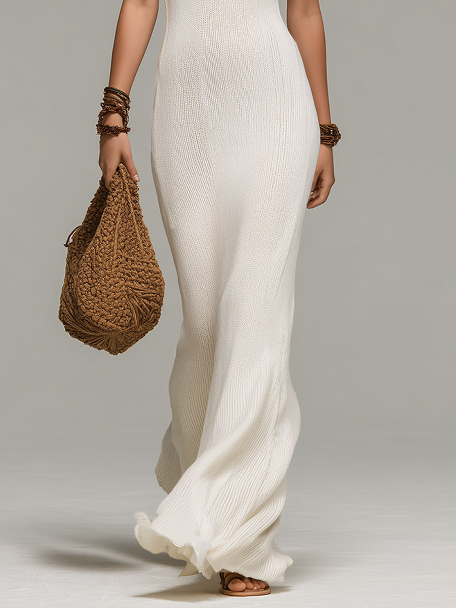 Robe longue en maille à encolure fantaisie bohème