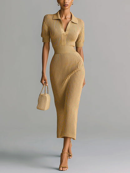 Chic Elegant Khaki Lapel Collar V-Neck Short-Sleeve Tailored Waist Ribbed Knit Midi Dress