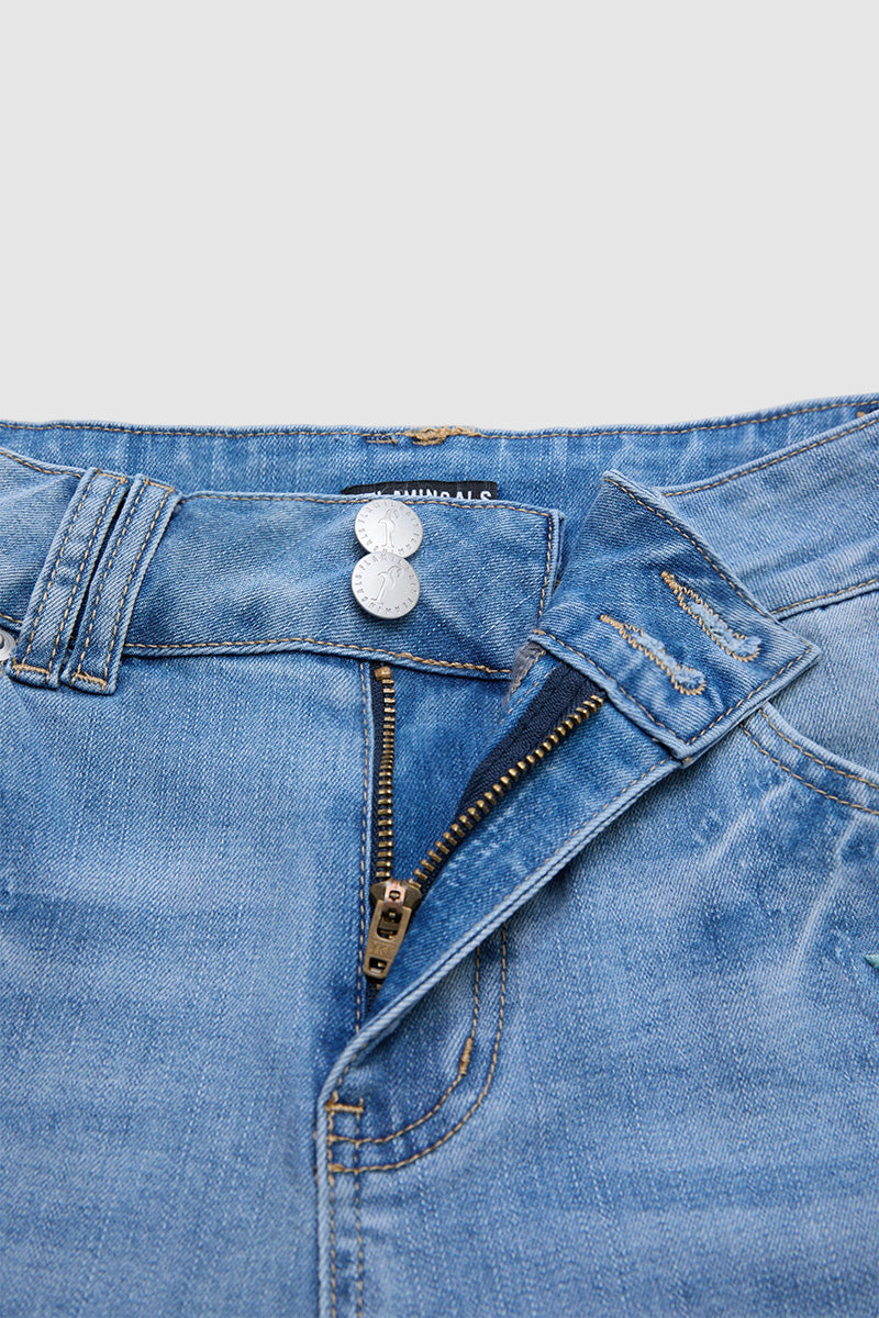 Roll Hem Floral Embroidery Mid Waist Denim Shorts