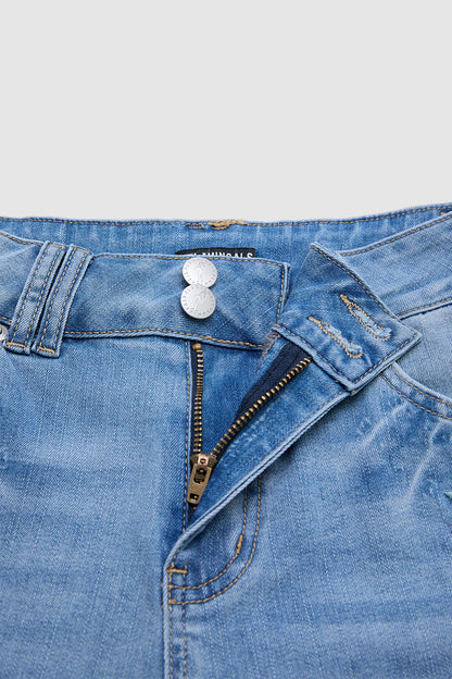 Roll Hem Floral Embroidery Mid Waist Denim Shorts