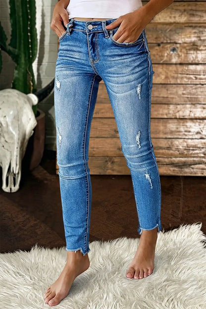 Wash Ripped Raw Hem Mid Waist Skinny Cropped Jeans