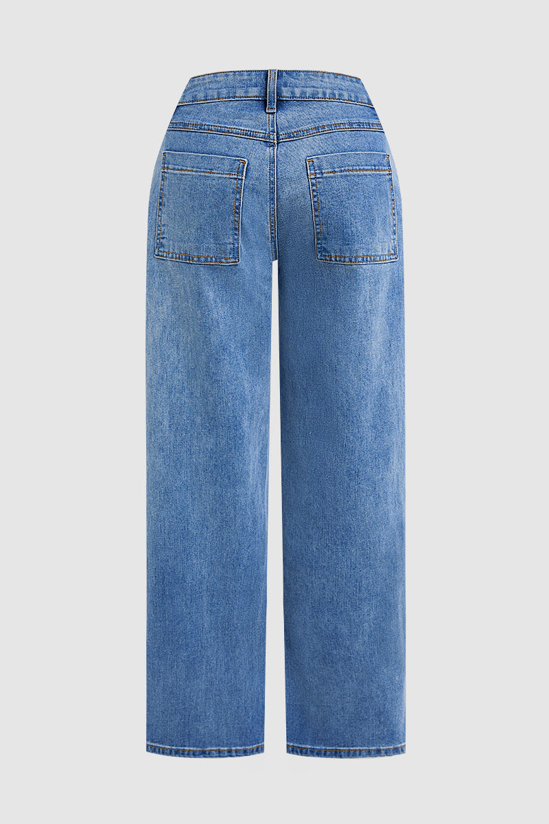 Valentine's Day Pattern Embroidered Patch Pocket Mid Rise Straight Leg Jeans Without Belt