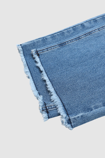 Raw Hem Ripped Button Fly Mid Waist Straight Leg Crop Jeans