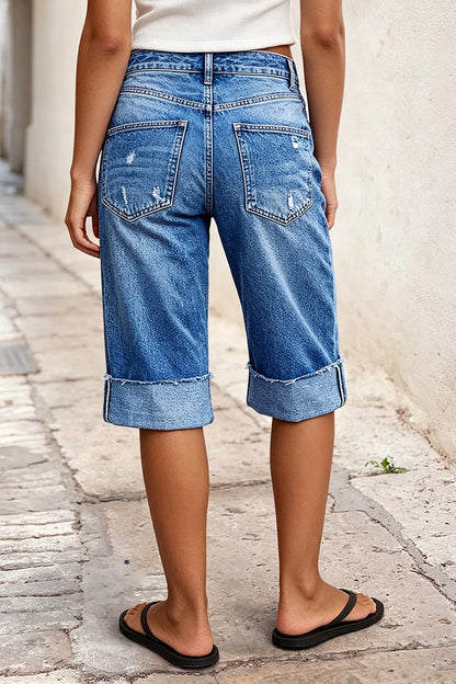 Wash Roll Hem Ripped Patch Pocket Drawstring Straight Leg Mid Rise Capri Jeans