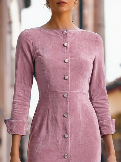 Robe midi en coton, manches courtes, col bateau, unie, boutonnée, vintage, rose
