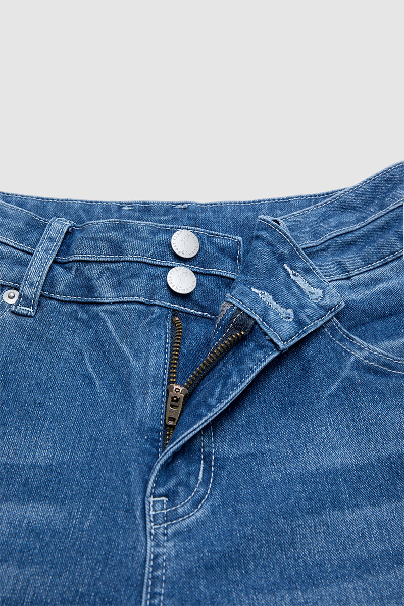 Wash Flap Pocket Dual Button Mid Rise Cargo Denim Bermuda Shorts