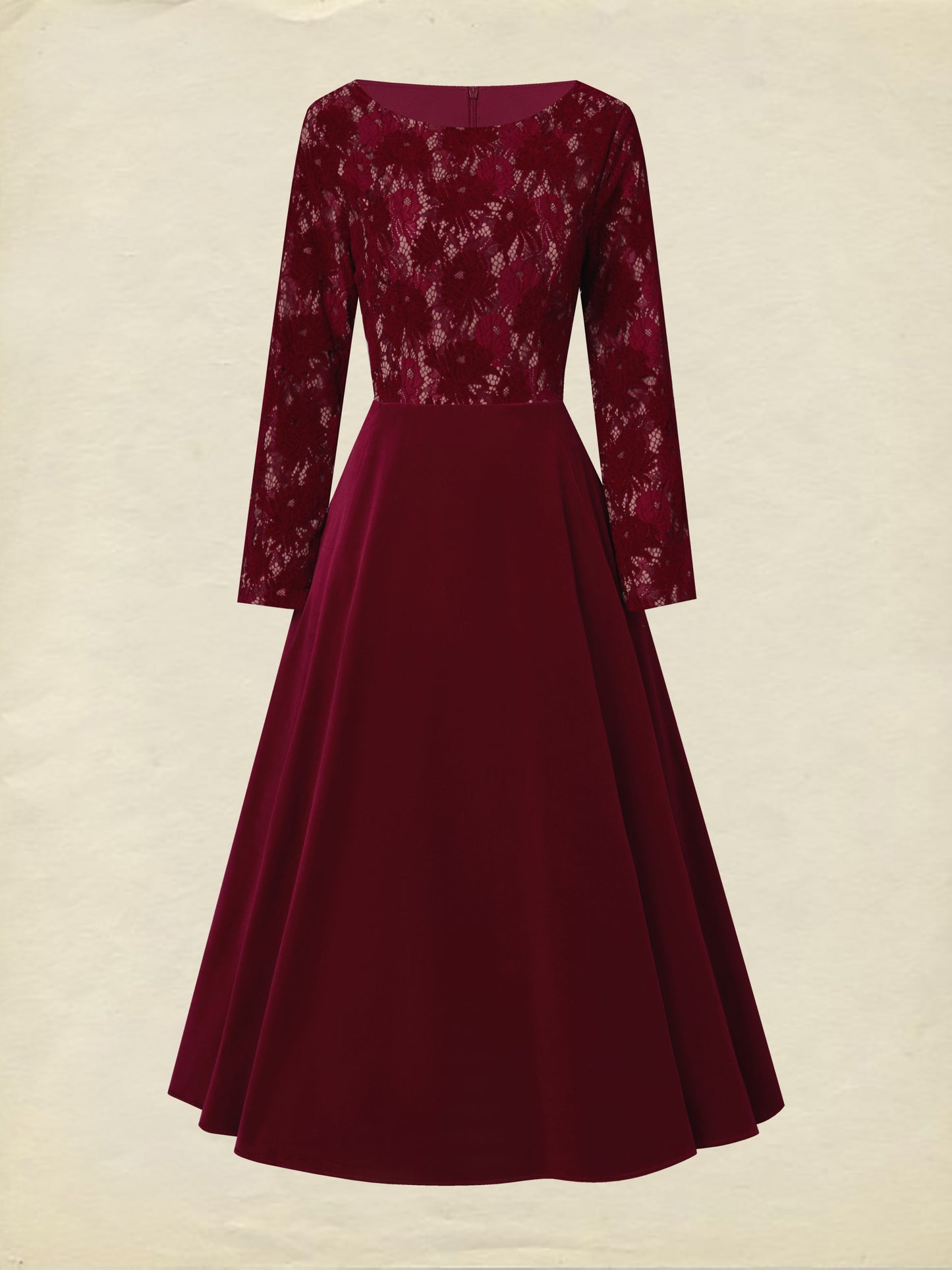 Robe midi en coton, manches longues, col rond, fleurie, dentelle, vintage, rouge