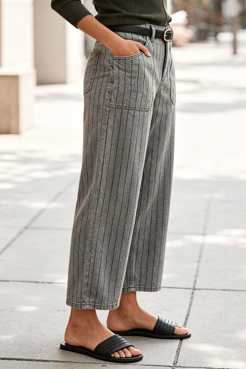 Striped Patch Pocket Mid Waist Wide Leg Cropped Pants Without Belt