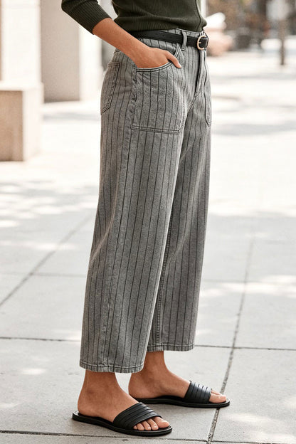 Striped Patch Pocket Mid Waist Wide Leg Cropped Pants Without Belt