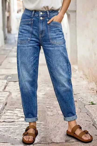 Wash Roll Hem Patched Pocket High Waist Tapered Crop Jeans