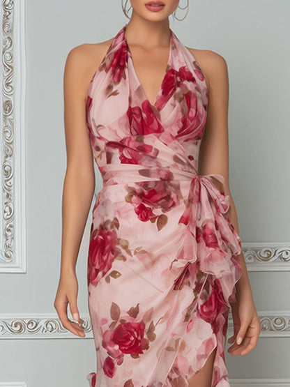 Romantic Floral Halter High-Low Ruffle Maxi Dress