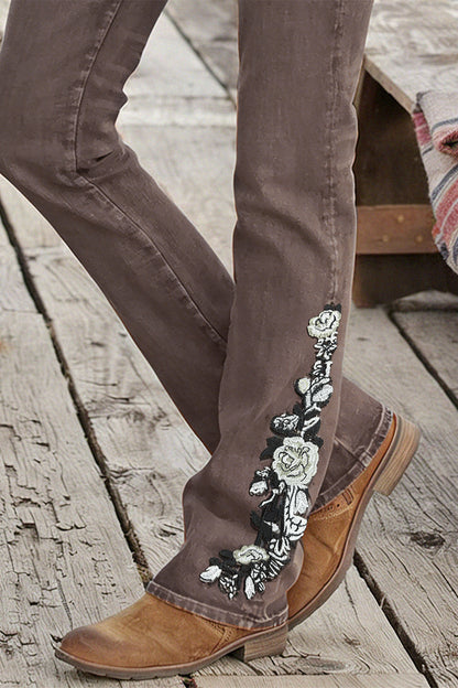 Washed Floral Embroidery Stretchy Mid Waist Bootcut Jeans