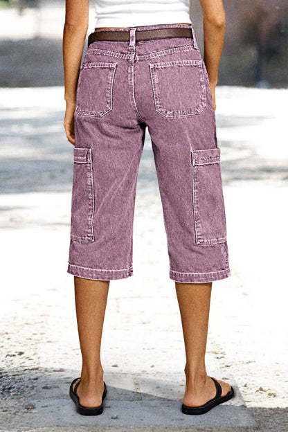 Stitch Detail Side Pocket Mid Waist Straight Leg Capri Pants Without Belt