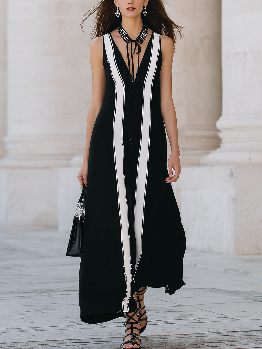 Robe longue noire sans manches avec empiècements à rayures noires et blanches.