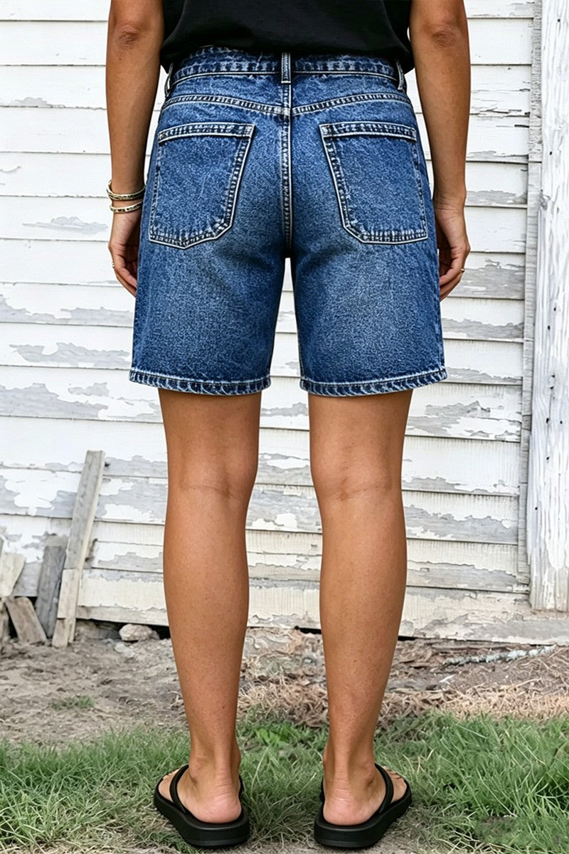 Wash Patch Pocket Drawstring High Rise Mid Thigh Denim Shorts