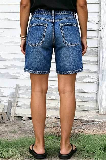 Wash Patch Pocket Drawstring High Rise Mid Thigh Denim Shorts