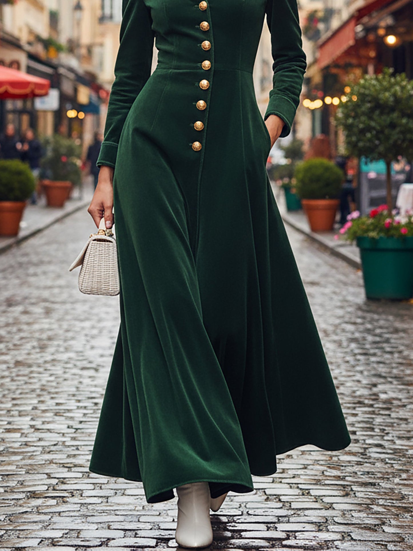 Robe longue en coton, Manches longues, Col châle, Unie, Boutonnée, Vintage, Verte
